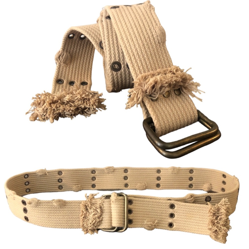 Boutique Brand Distressed Punk Tan Canvas Fabric Belt with Brass Metal Grommets
